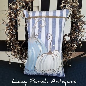Fall Farmhouse Pillow Blue & White Pumpkins